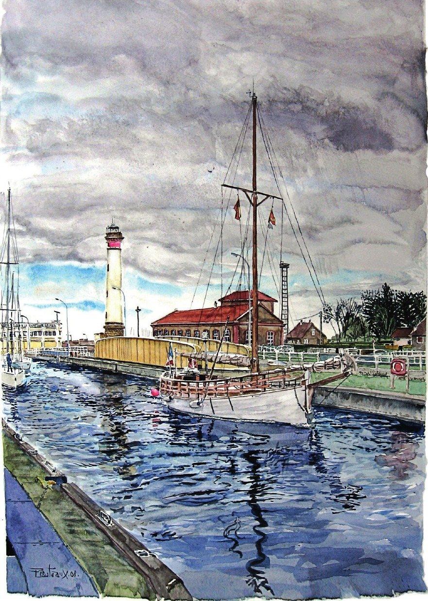 Aquarelle du port de Ouistreham : l'écluse, le pont tournant jaune, un voilier et le phare