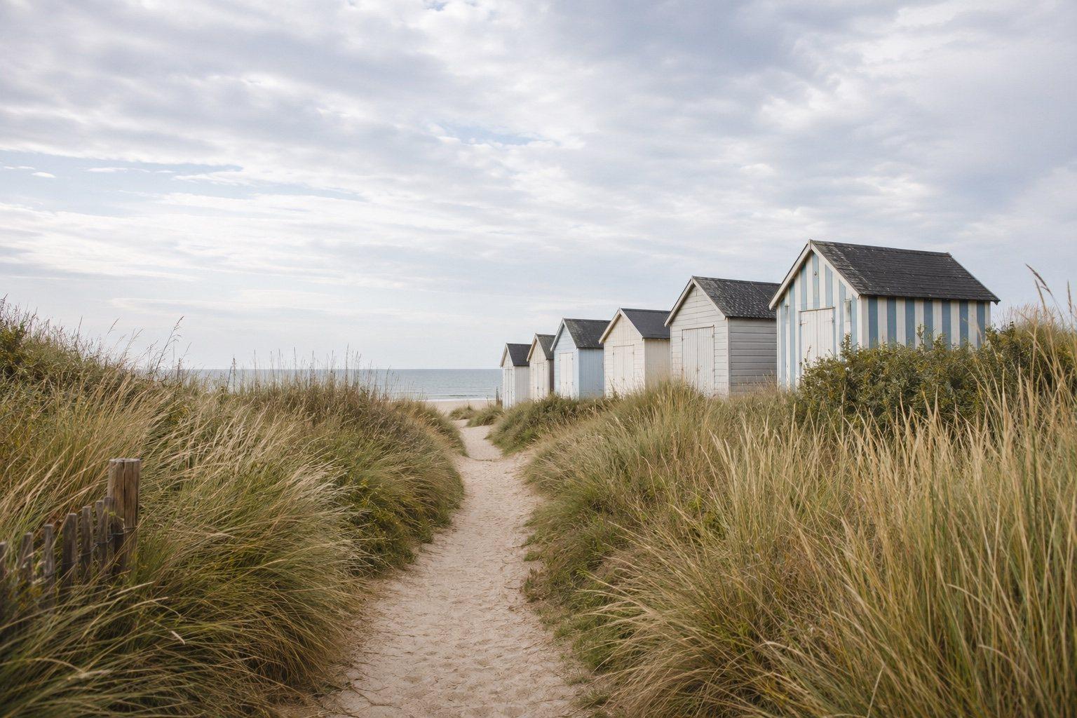Les cabanons de plage et le chemin des dunes à Ouistreham Riva-Bella